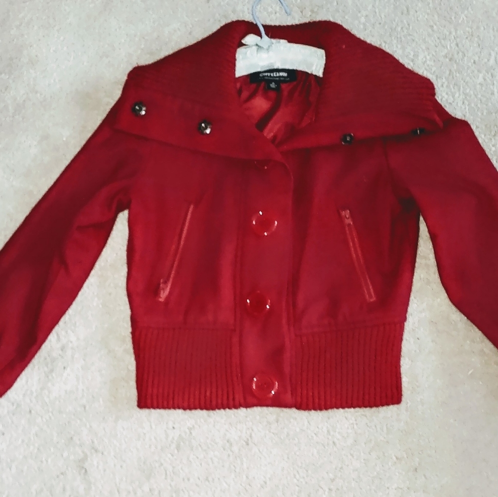 Ladies Coat, red, button down, 2 zip pockets, size M, by Coffee shop, Like new